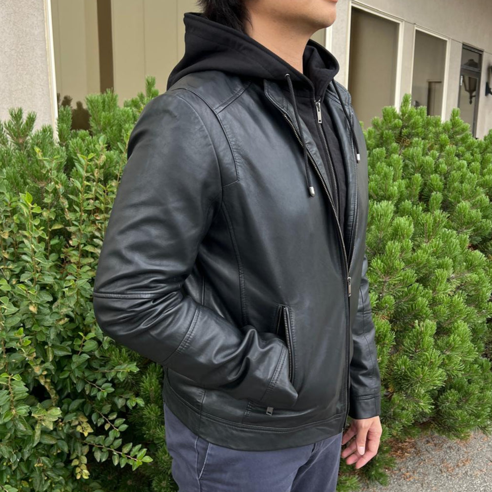 Men's Lamb Leather Hoodie Jacket with Detachable Hood