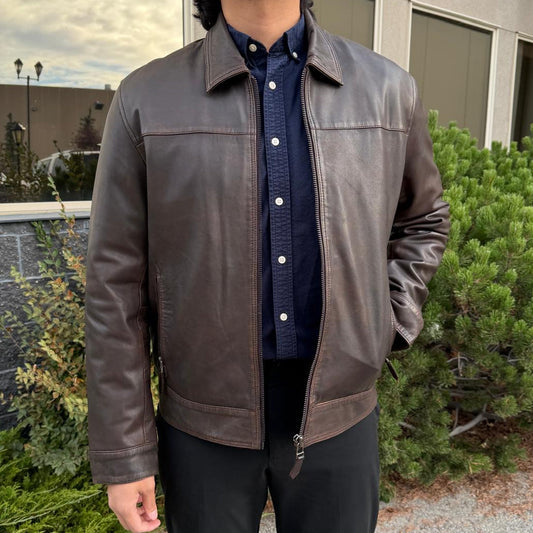 Men's Lamb Leather Jacket. Brown Classic Fit with Full Zip & Side Pockets