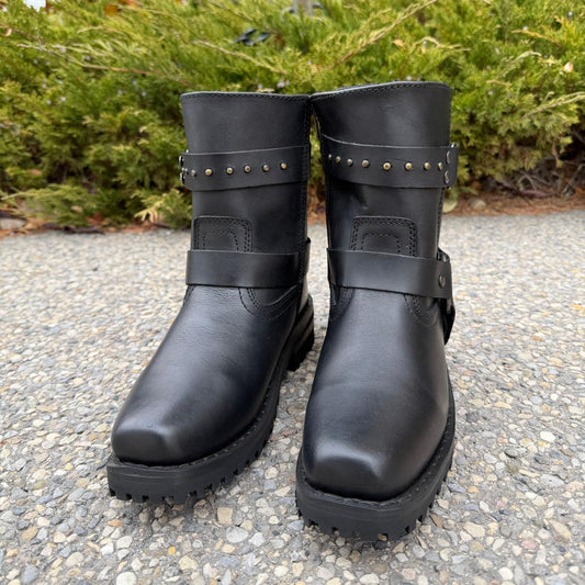 Women's Motorcycle Biker Leather Boots. Black Cowhide with Studded Straps & Side Zip