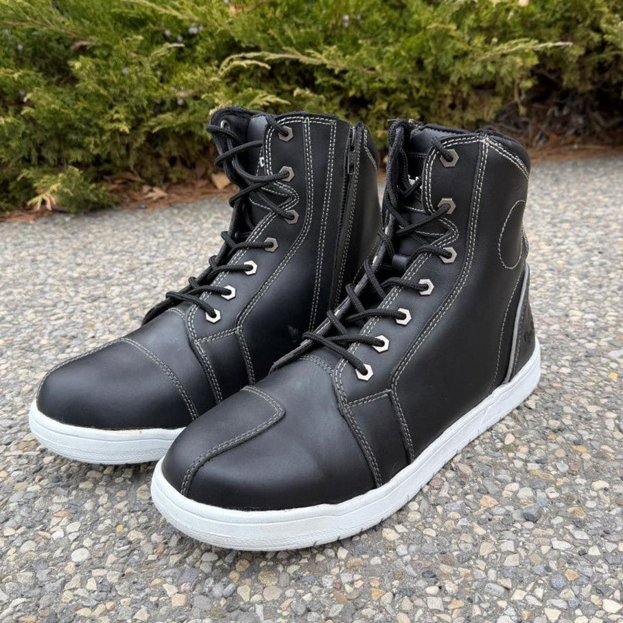 Men's Sneaker Biker Boots. Black Cowhide Leather with White Sole, Lace-Up & Side Zip