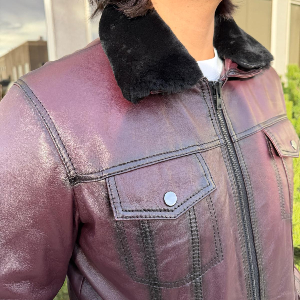 Men's Sheep Leather Jacket with Removable Fur Collar