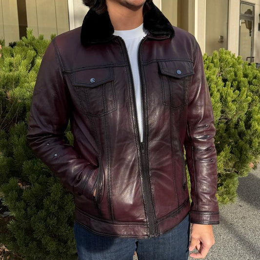 Men's Sheep Leather Jacket with Removable Fur Collar