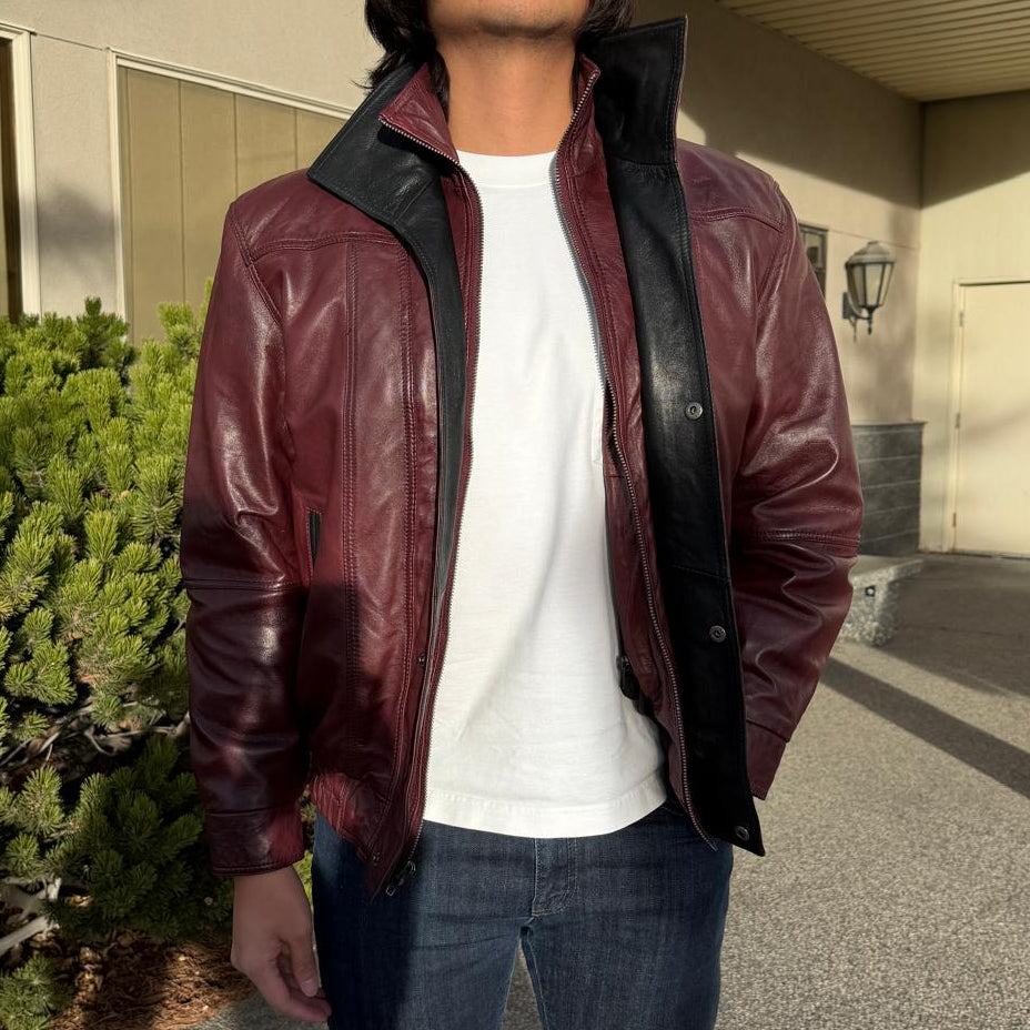 BOL Men's Double Collar Leather Bomber Jacket