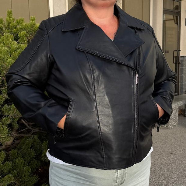 Women's Lamb Leather Biker Jacket with Quilted Ribbed Shoulders