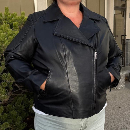 Women's Lamb Leather Biker Jacket with Quilted Ribbed Shoulders