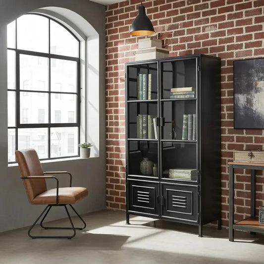 Armoire vintage en acier noir avec portes vitrées