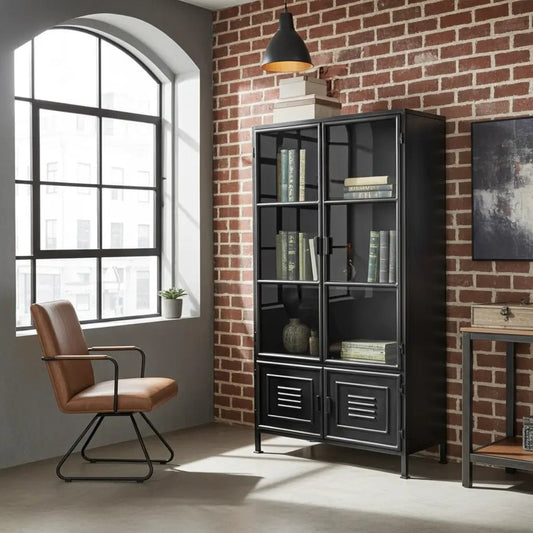 Armoire vintage en acier noir avec porte vitrée et porte style casier dans le bas