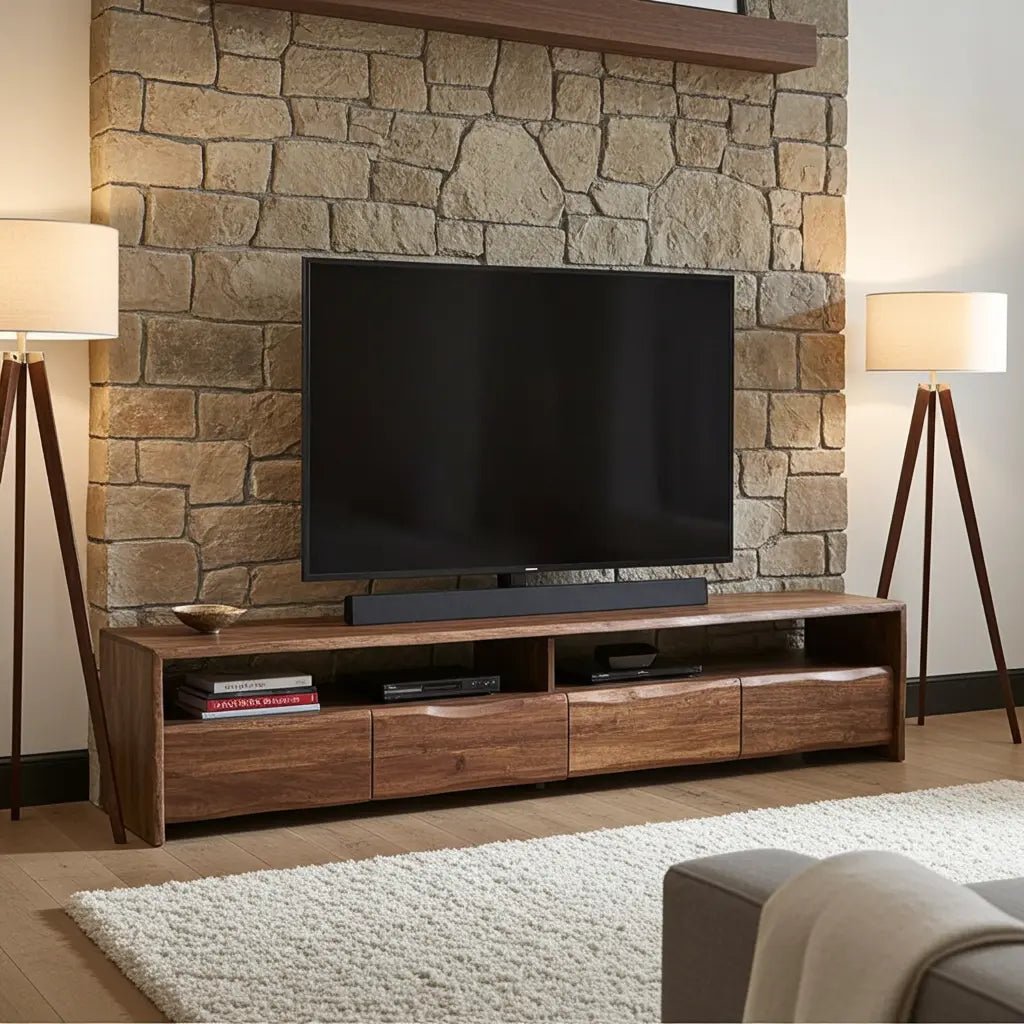Meuble télé en bois d'Acacia Live Edge (Walnut) avec 4 tiroirs