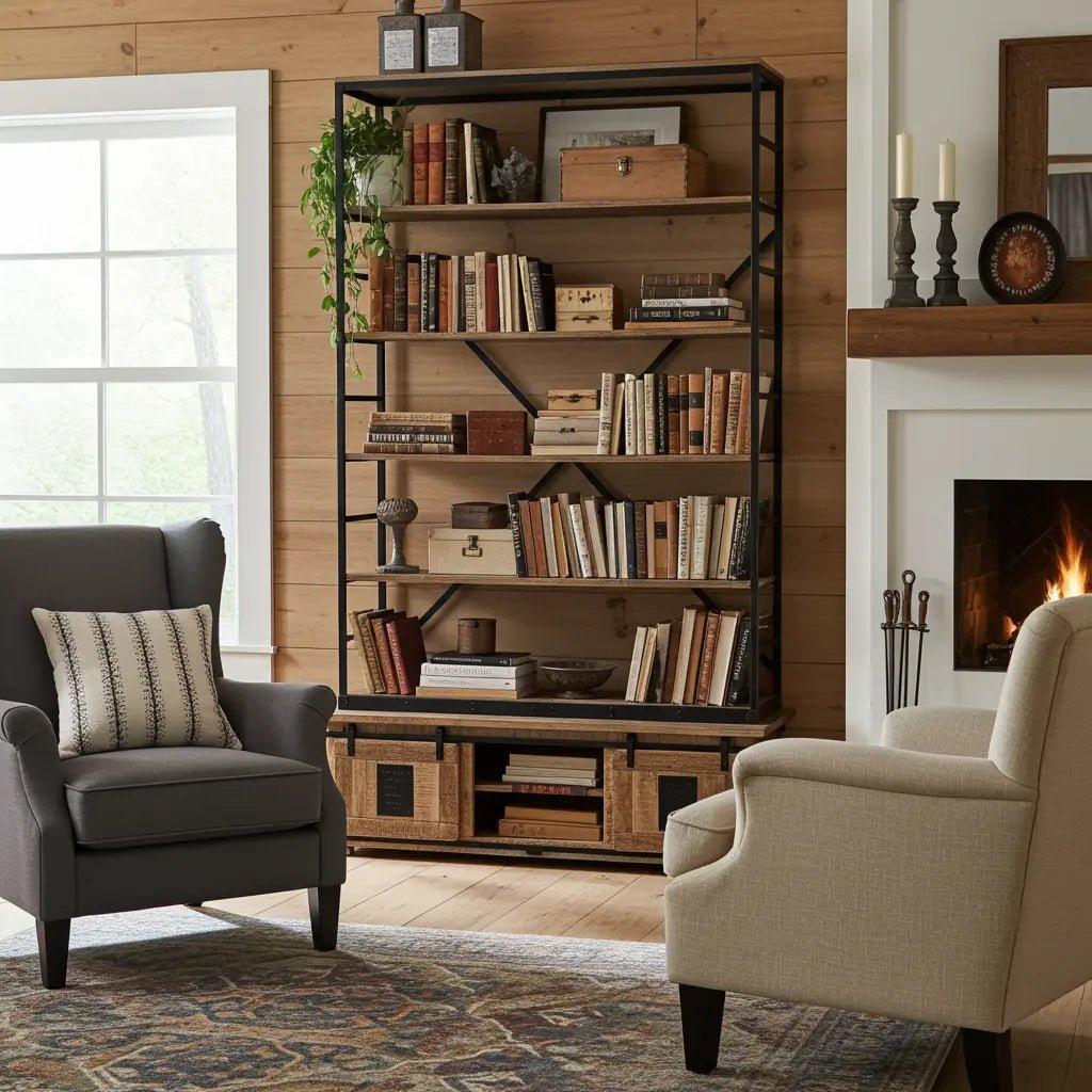 Bibliothèque Farmhouse en bois de manguier brut