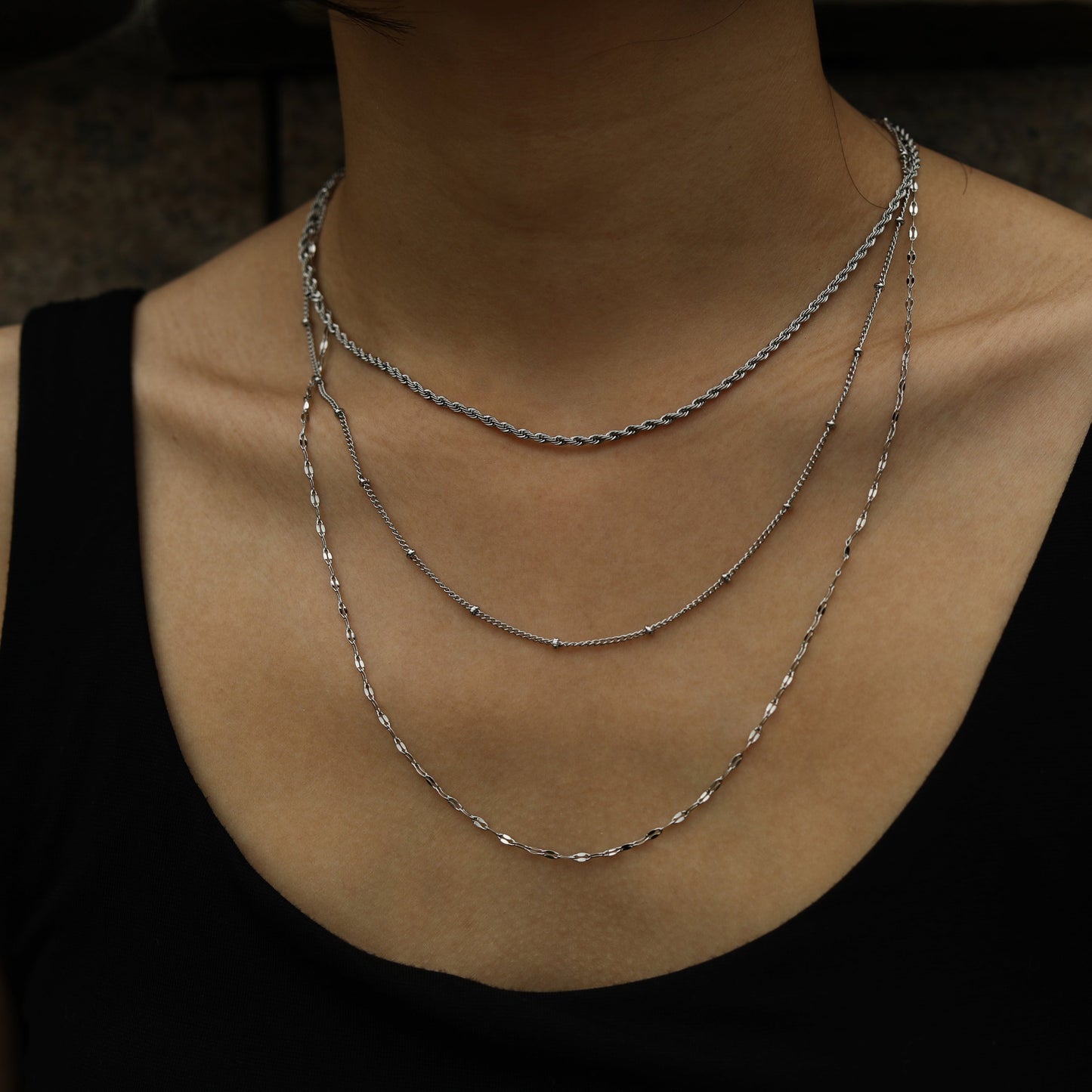 ZURI Triple Layer Mixed-Chain Necklace in Silver