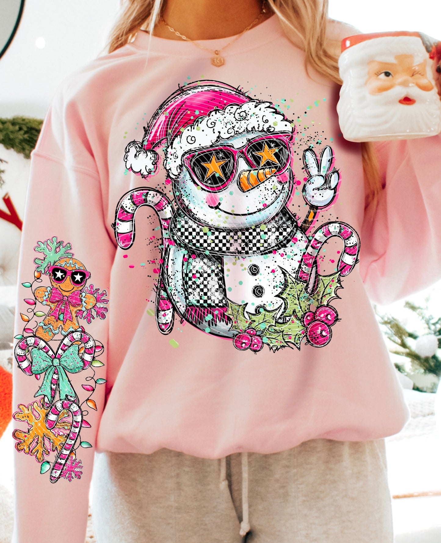 Hoody Crewneck – Cool Snowman with Sunglasses & Candy Canes Christmas Sweatshirt Design