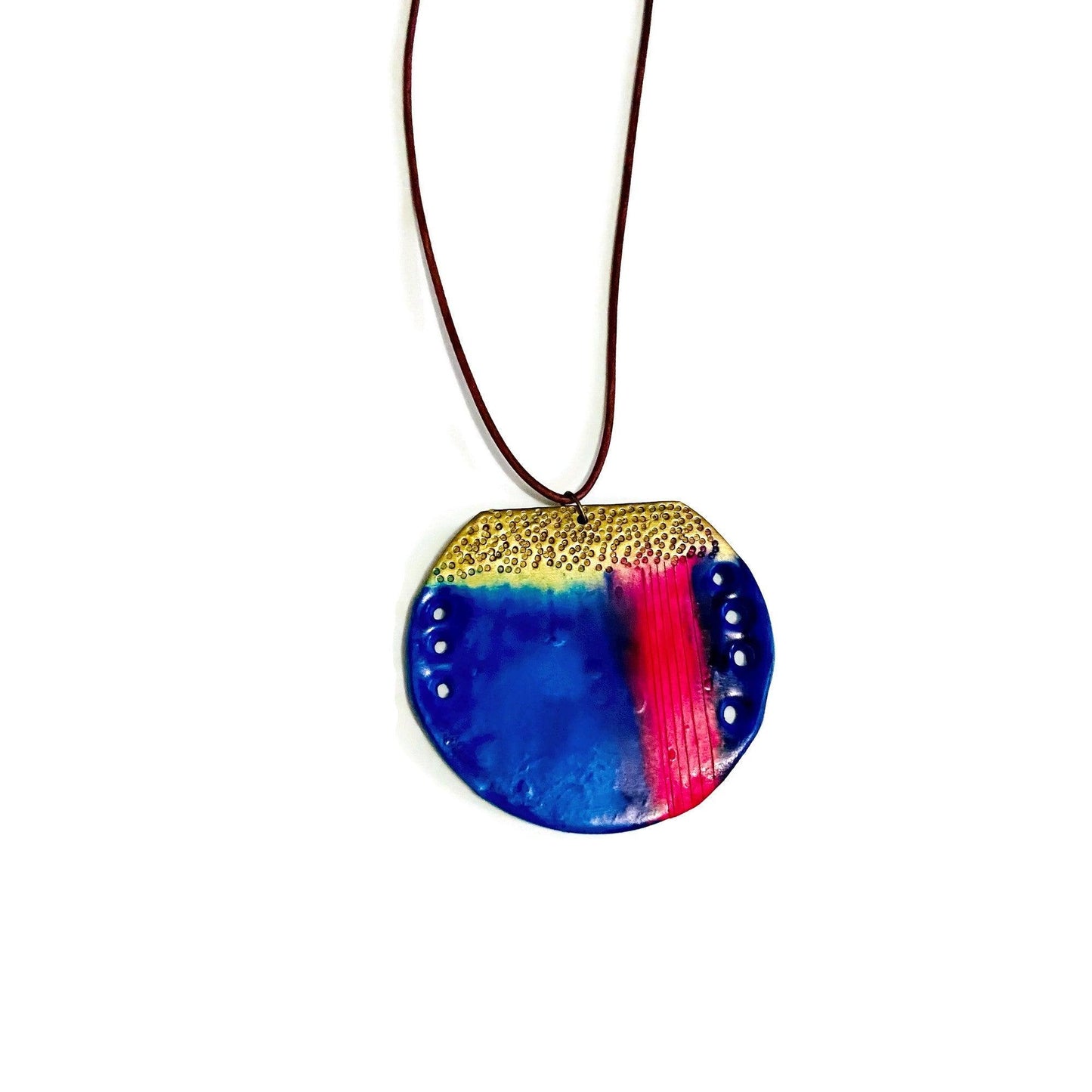 Abstract Circle Pendant Necklace | Blue, Pink & Gold Polymer Clay