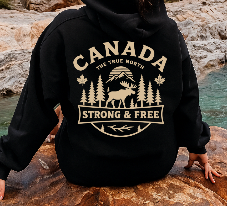 DTF Transfer Canada Strong & Free – Moose, Trees & Mountain Design