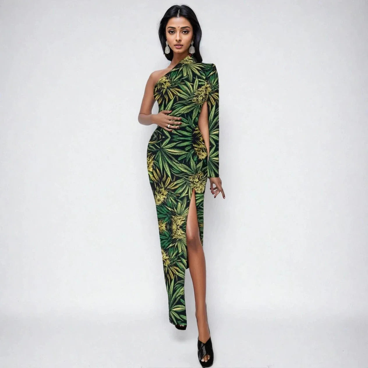 Big Buds One-Shoulder Slit Maxi Dress