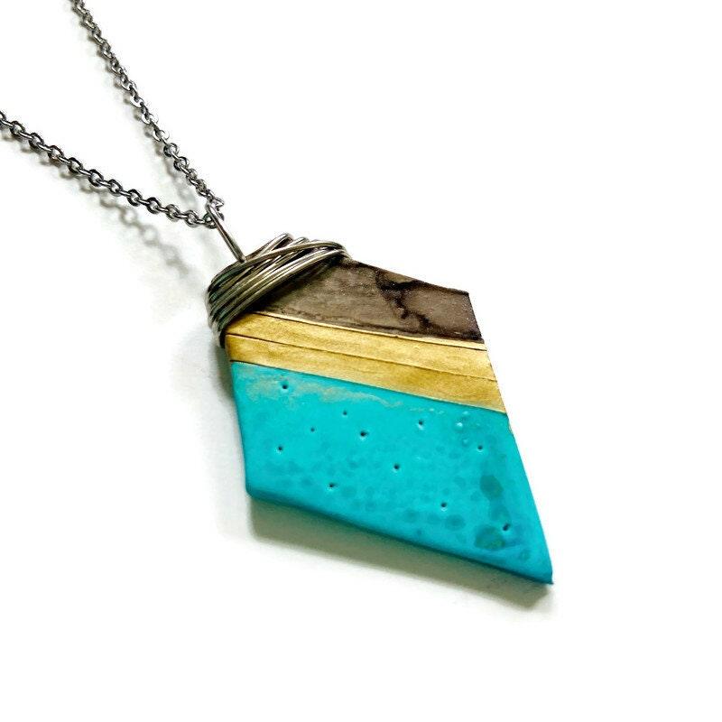 Artsy Polymer Clay Pendant Painted Turquoise Gold Grey,