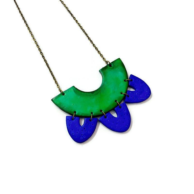 Artsy Statement Bib Necklace & Earring Set Handmade from Clay Painted Blue Green