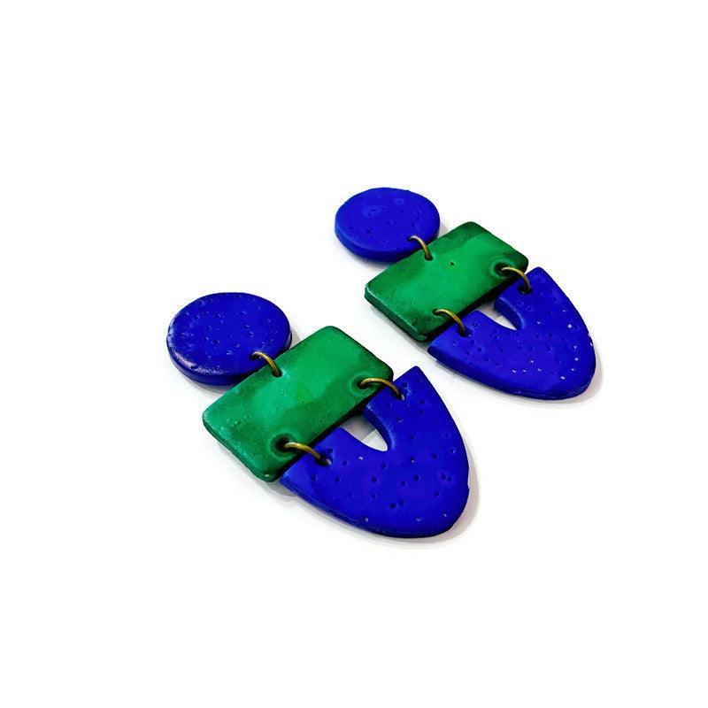 Artsy Statement Bib Necklace & Earring Set Handmade from Clay Painted Blue Green