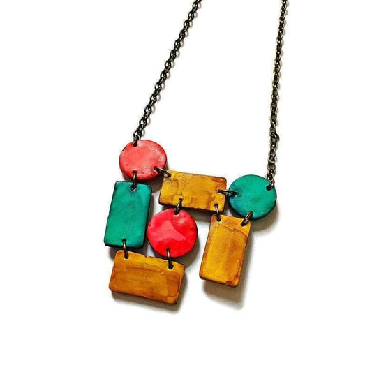 Artsy Statement Bib Necklace with Geometric Style Handmade from Clay & Painted