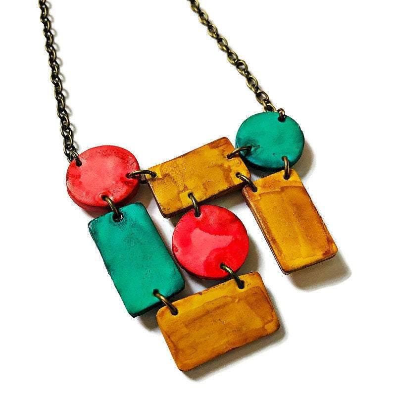 Artsy Statement Bib Necklace with Geometric Style Handmade from Clay & Painted