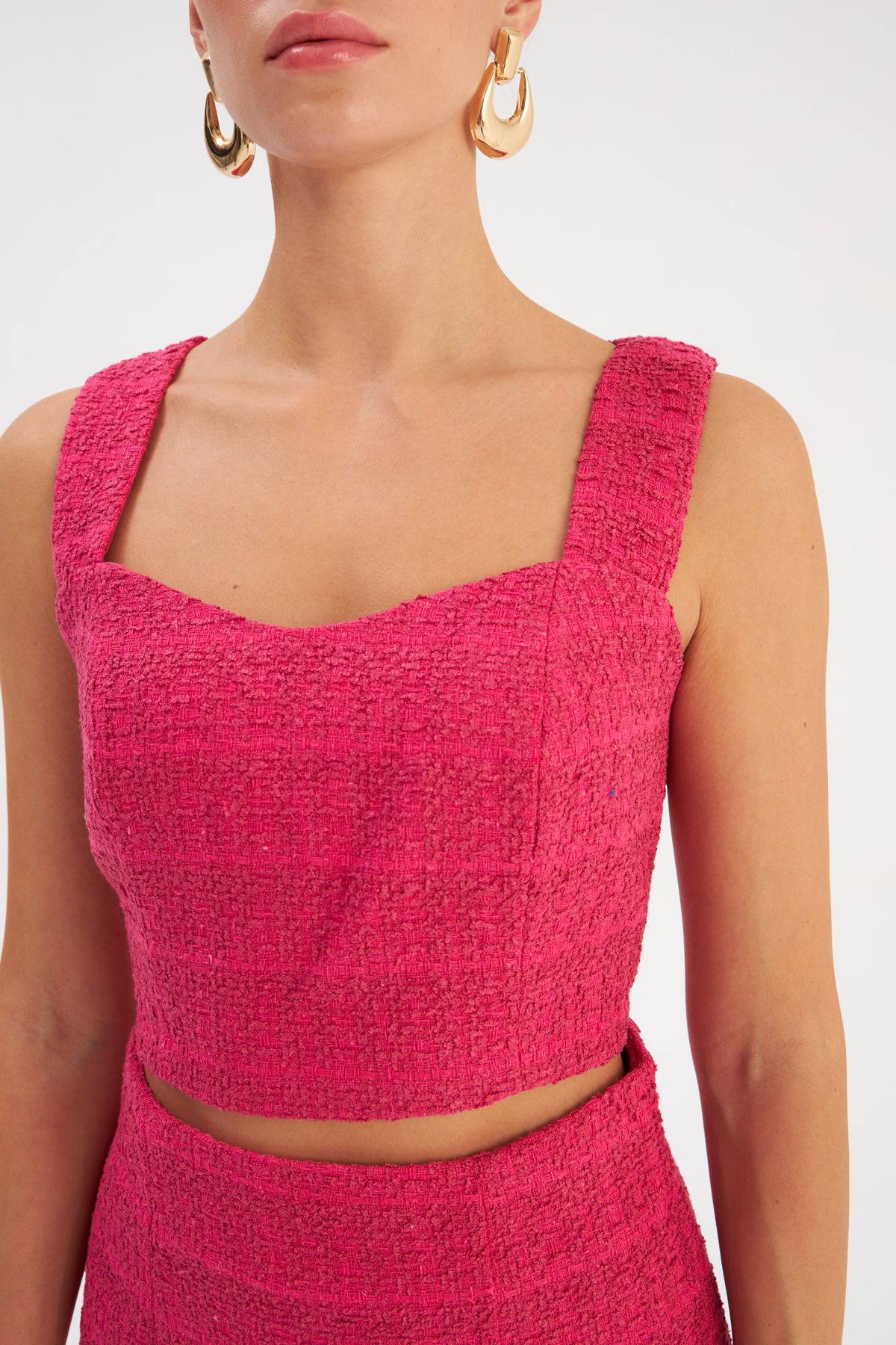 Strap Tweed Crop Blouse - Fuchsia