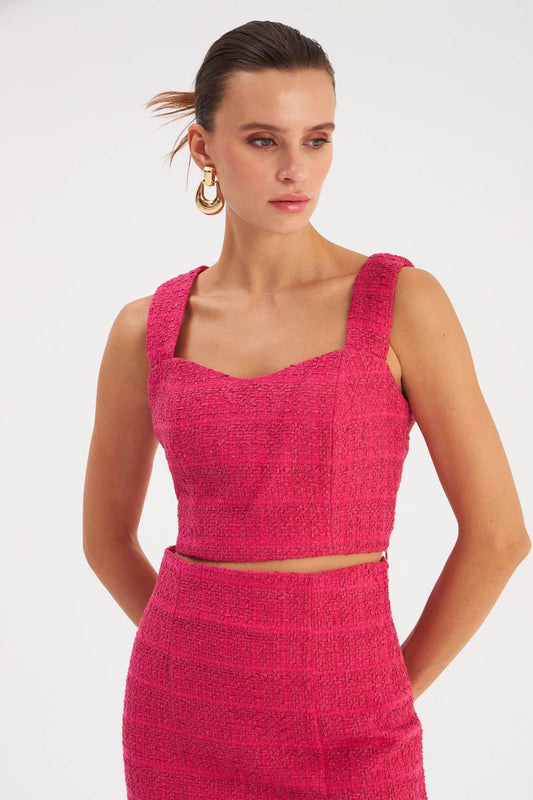 Strap Tweed Crop Blouse - Fuchsia