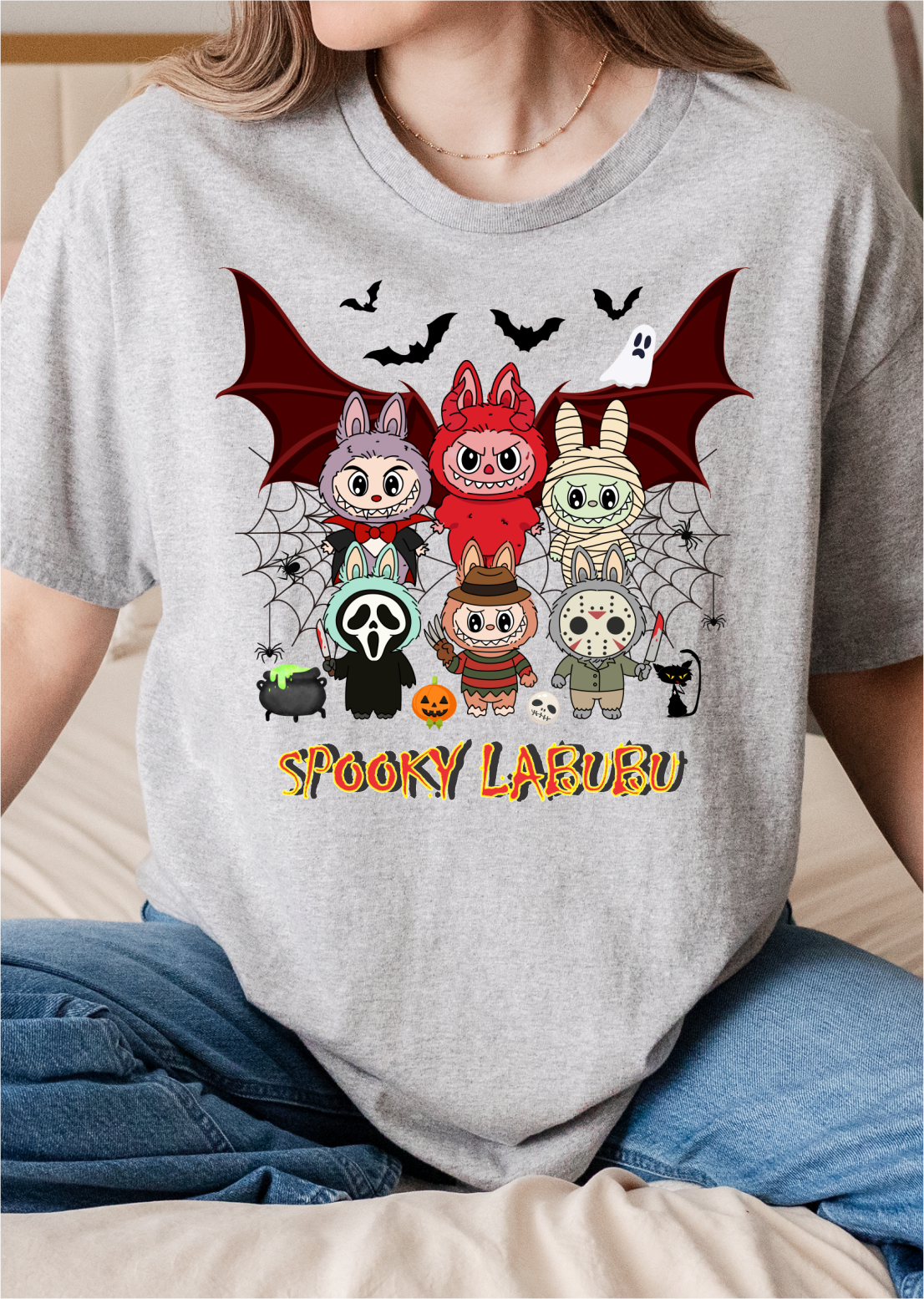 [Adult size] Halloween Labubu Graphic Tee: Kawaii Spooky 100% Cotton Unisex Shirt
