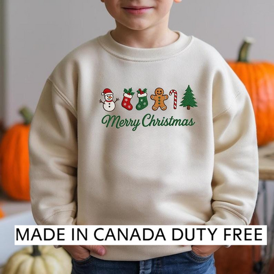 Embroidered Merry Christmas Icons Sweatshirt – Snowman, Stockings, Gingerbread, Candy Cane & Tree