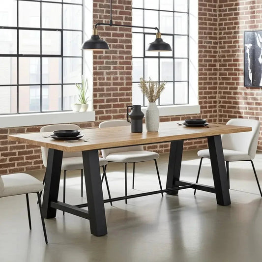 Table à diner industrielle style Établie patte en acier noir mat avec plateau en Bois de Manguier