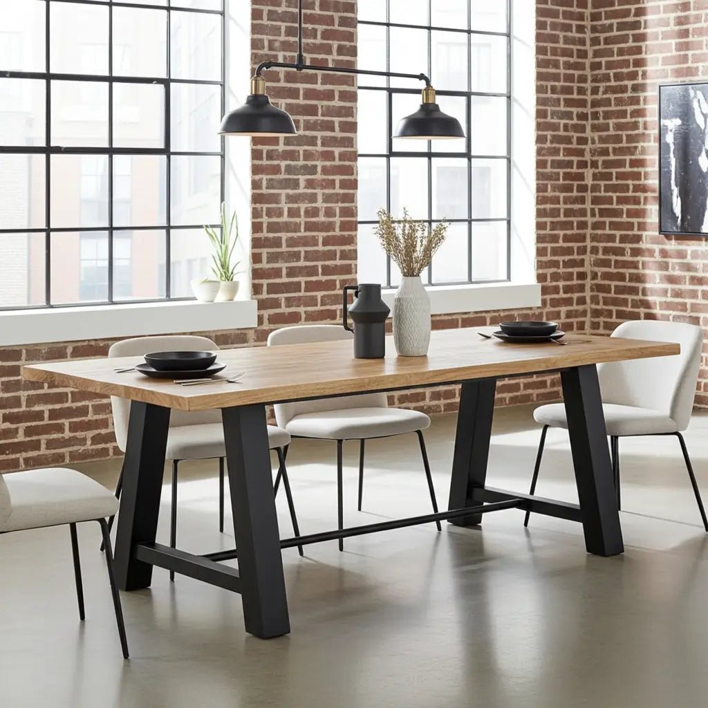 Table à diner industrielle style Établie patte en acier noir mat avec plateau en Bois de Manguier