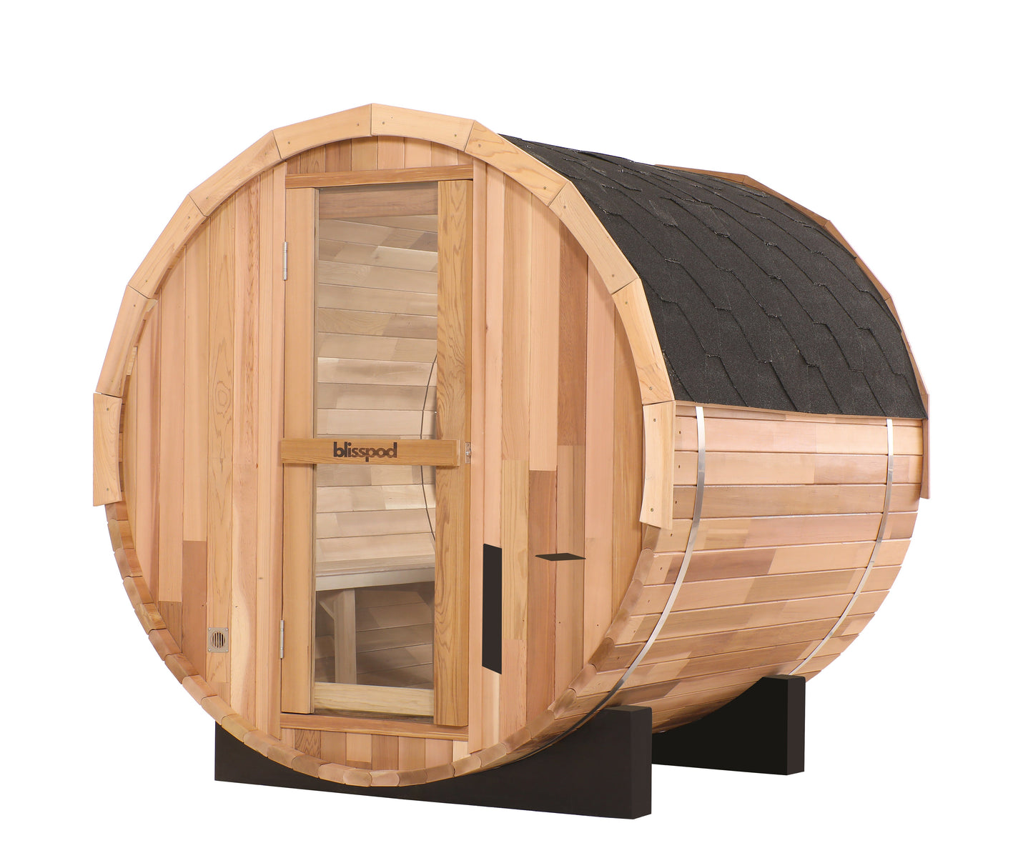 Blisspod | Prague | Canadian Red Cedar Outdoor Steam Barell Sauna | Full Glass Back | 70.87"H x 70.87"W x 70.87"D | 4-6 person