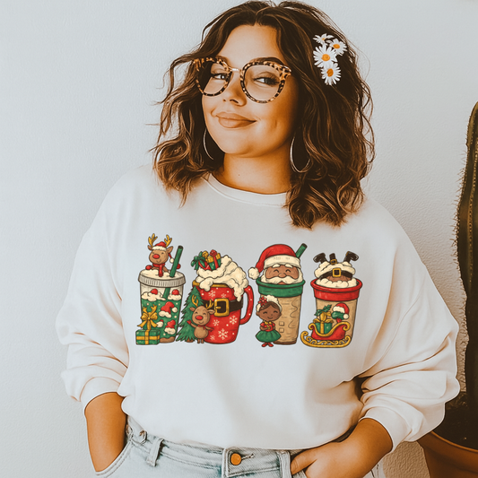 Crewneck Hoody  Christmas Holiday Drinks with Santa, Reindeer, and Festive Cups