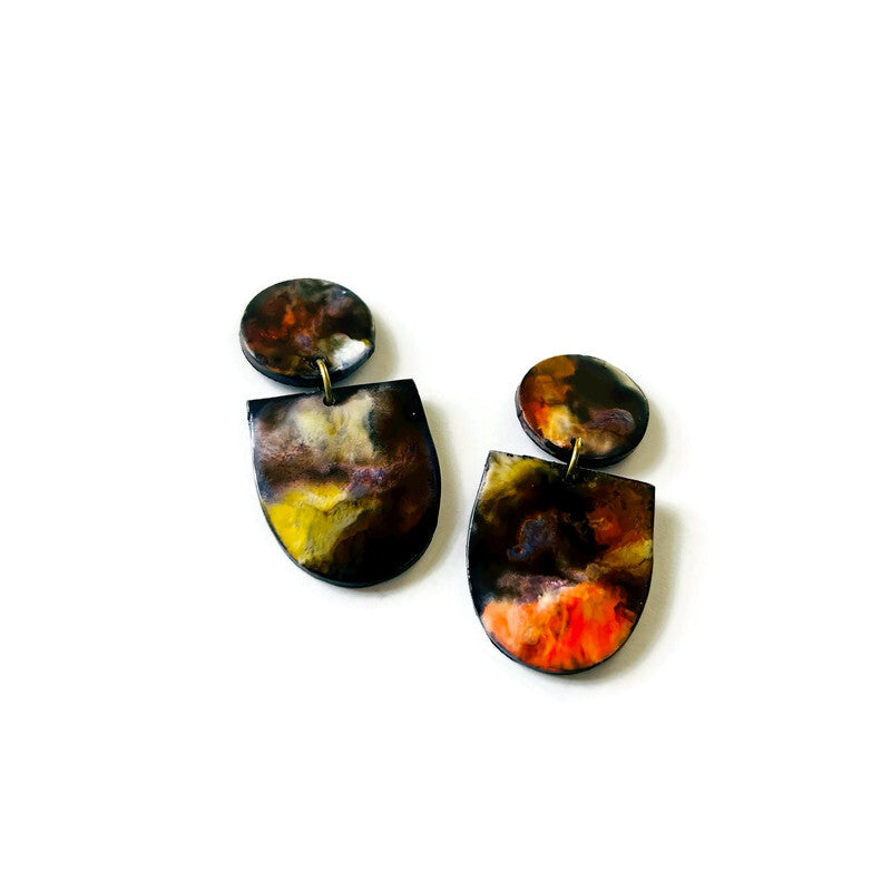 Abstract Clip On Earrings for Non Pierced Ears in Black White Orange Marble Blend