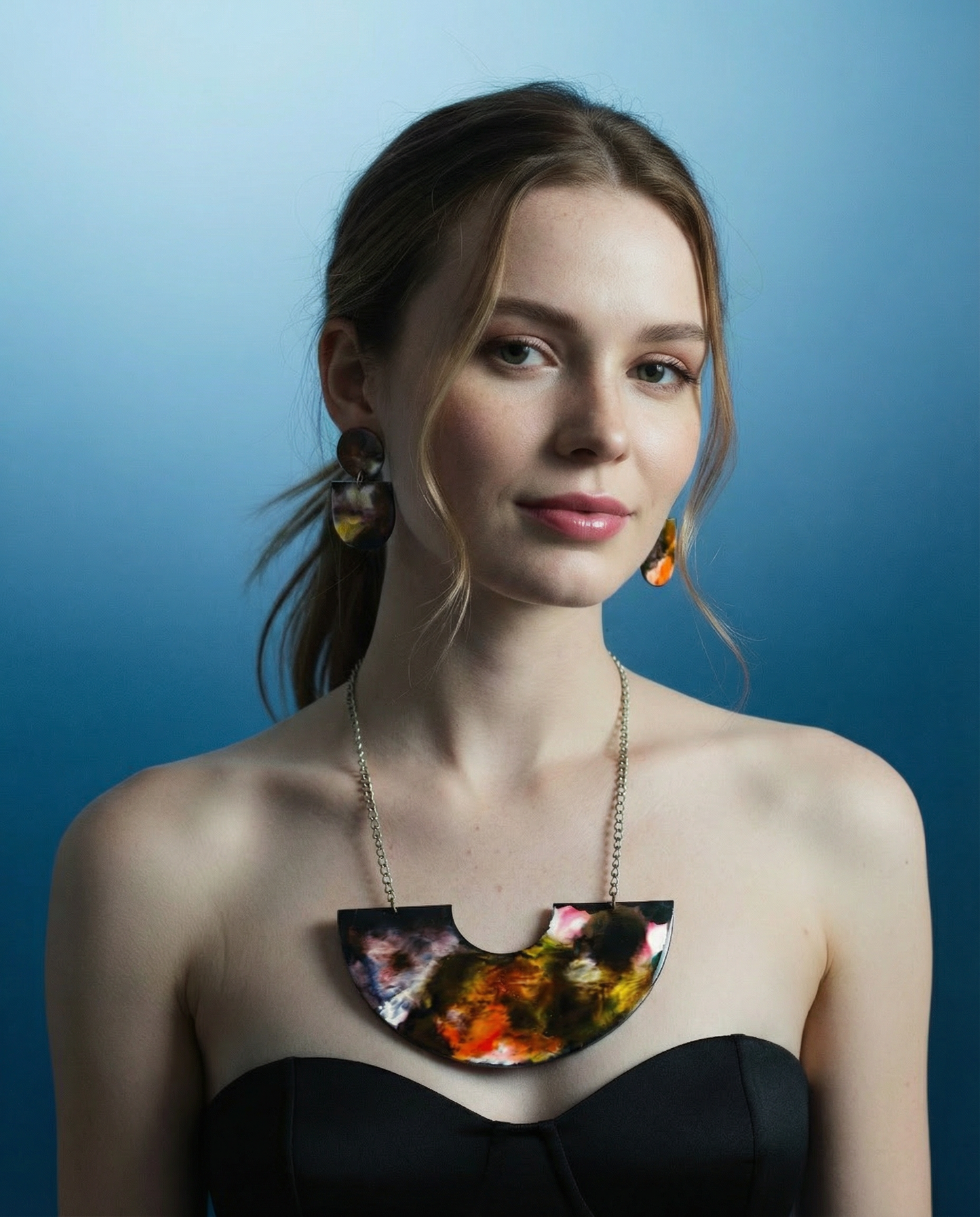 Abstract Clip On Earrings for Non Pierced Ears in Black White Orange Marble Blend