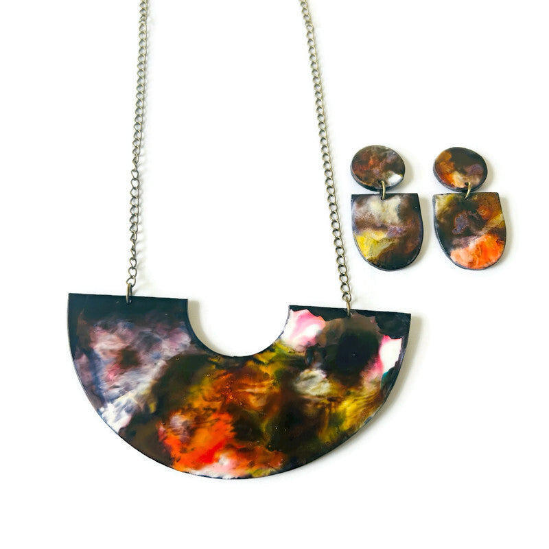 Abstract Clip On Earrings for Non Pierced Ears in Black White Orange Marble Blend