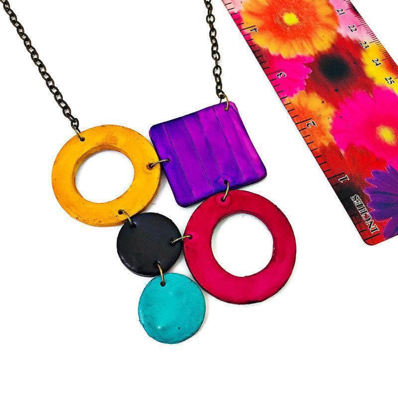 Bold Retro Statement Necklace with Multicolored Geometric Design, Clay Hand Painted