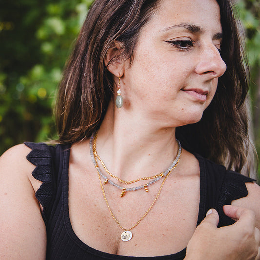 Boucles d’oreilles labradorite dorées pendantes 18K | ATHÉNA