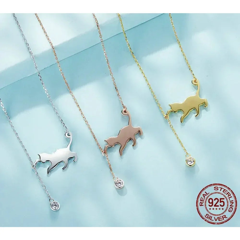 Breathtaking 925 Sterling Silver Cat Necklace | Elegant Pendant Collarbone Jewelry Scn232 In 3 Colors