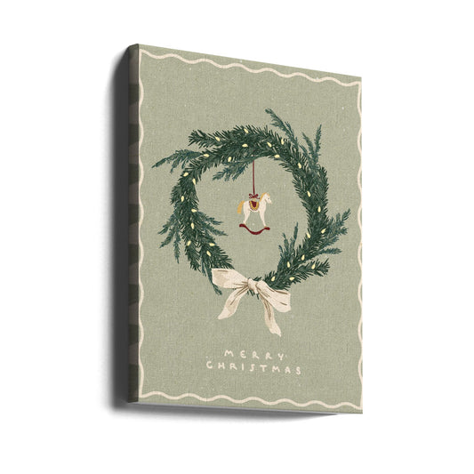 Wall art Horses Toy on Christmas wreath with bow Canvas Print