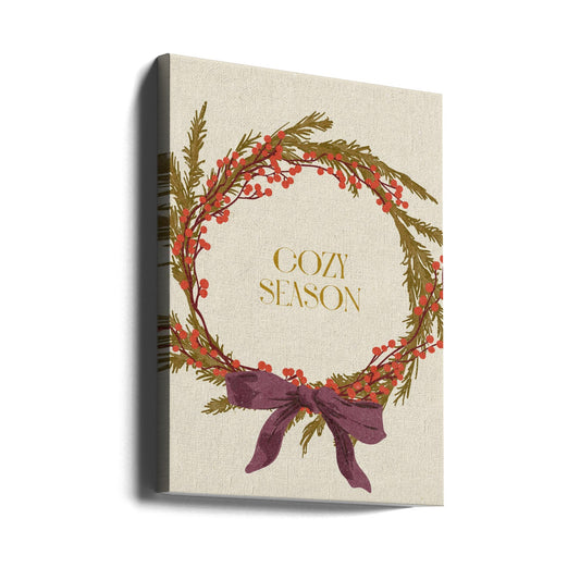 Wall art Cozy Season. Christmas wreath with bow Canvas Print