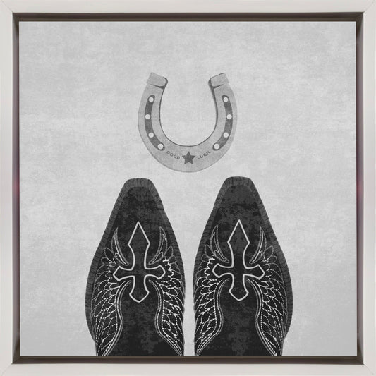 Wall Art Bw Cowboy Boots and Horseshoe