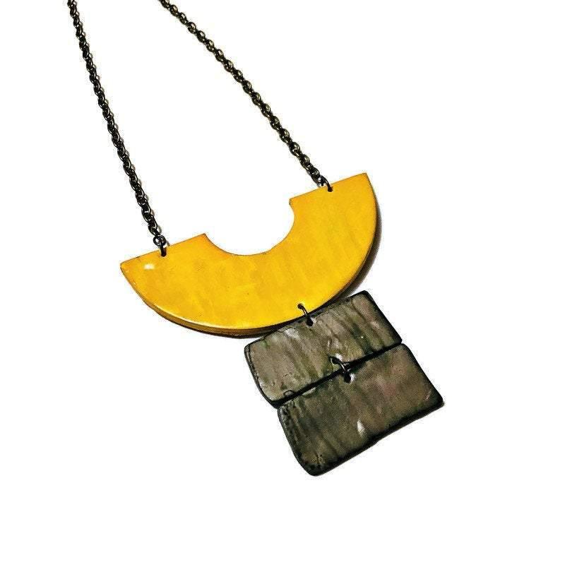 Yellow & Grey Chunky Statement Necklace & Earring Set Handmade