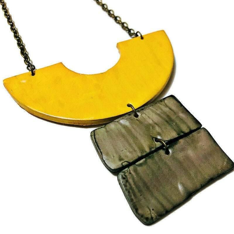 Yellow & Grey Chunky Statement Necklace & Earring Set Handmade