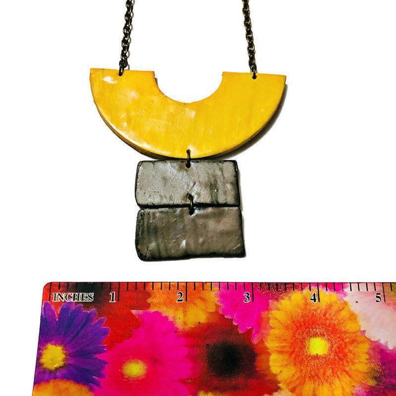 Yellow & Grey Chunky Statement Necklace & Earring Set Handmade