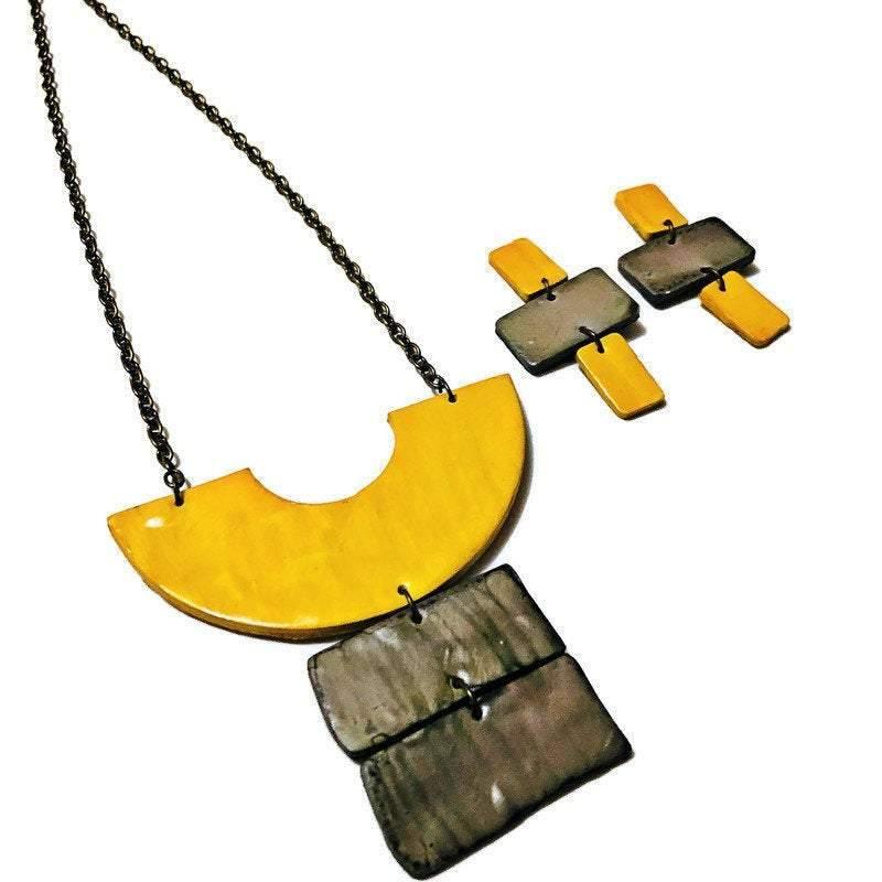 Yellow & Grey Chunky Statement Necklace & Earring Set Handmade