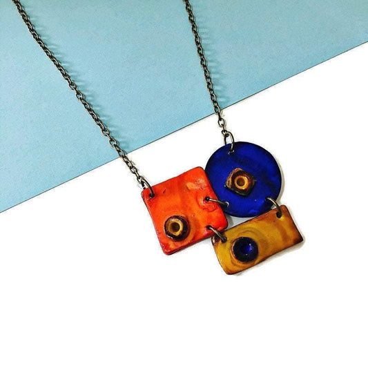 Colorful Geometric Pendant Necklace, Orange, Blue & Yellow, Handmade