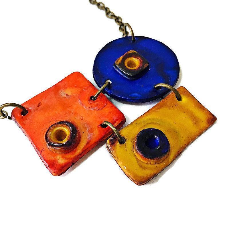 Colorful Geometric Pendant Necklace, Orange, Blue & Yellow, Handmade