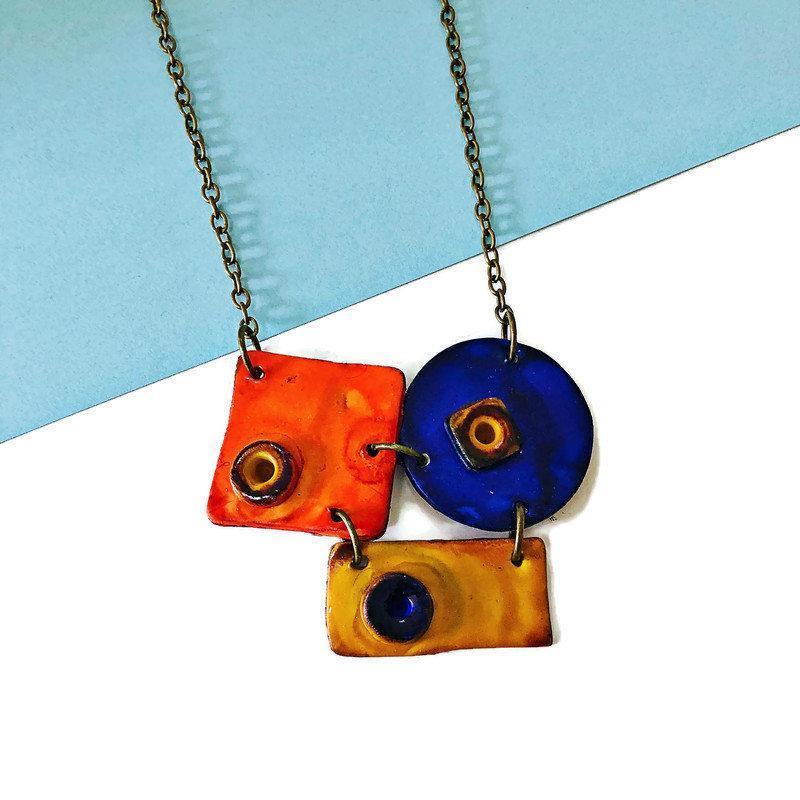 Colorful Geometric Pendant Necklace, Orange, Blue & Yellow, Handmade