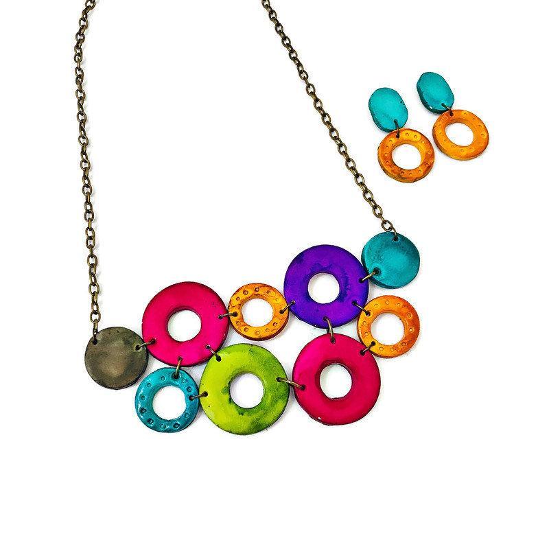 Colorful Linked Circle Jewelry Set, Statement Necklace & Earrings, Handmade Polymer Clay