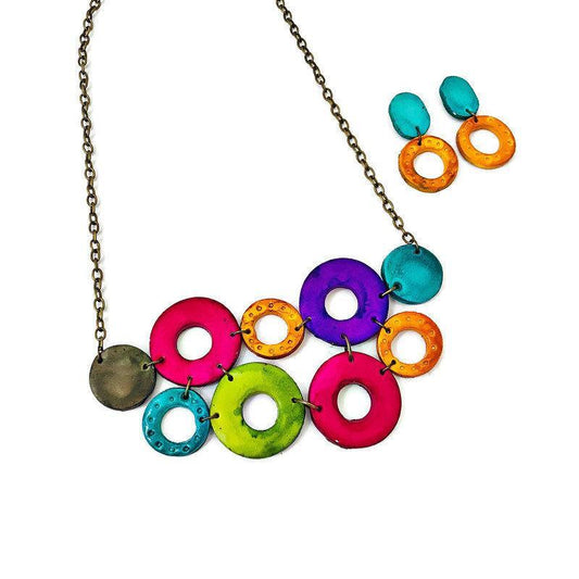 Colorful Linked Circle Jewelry Set, Statement Necklace & Earrings, Handmade Polymer Clay