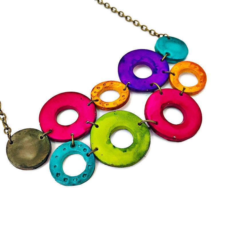 Colorful Linked Circle Jewelry Set, Statement Necklace & Earrings, Handmade Polymer Clay